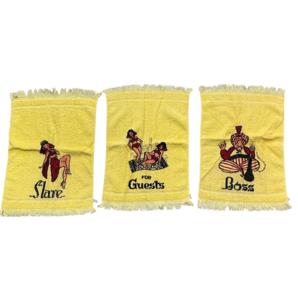 Cannon Yellow Novelty Hand Towel Set 3 Boss Slave Guests Harem Pinup Vintage